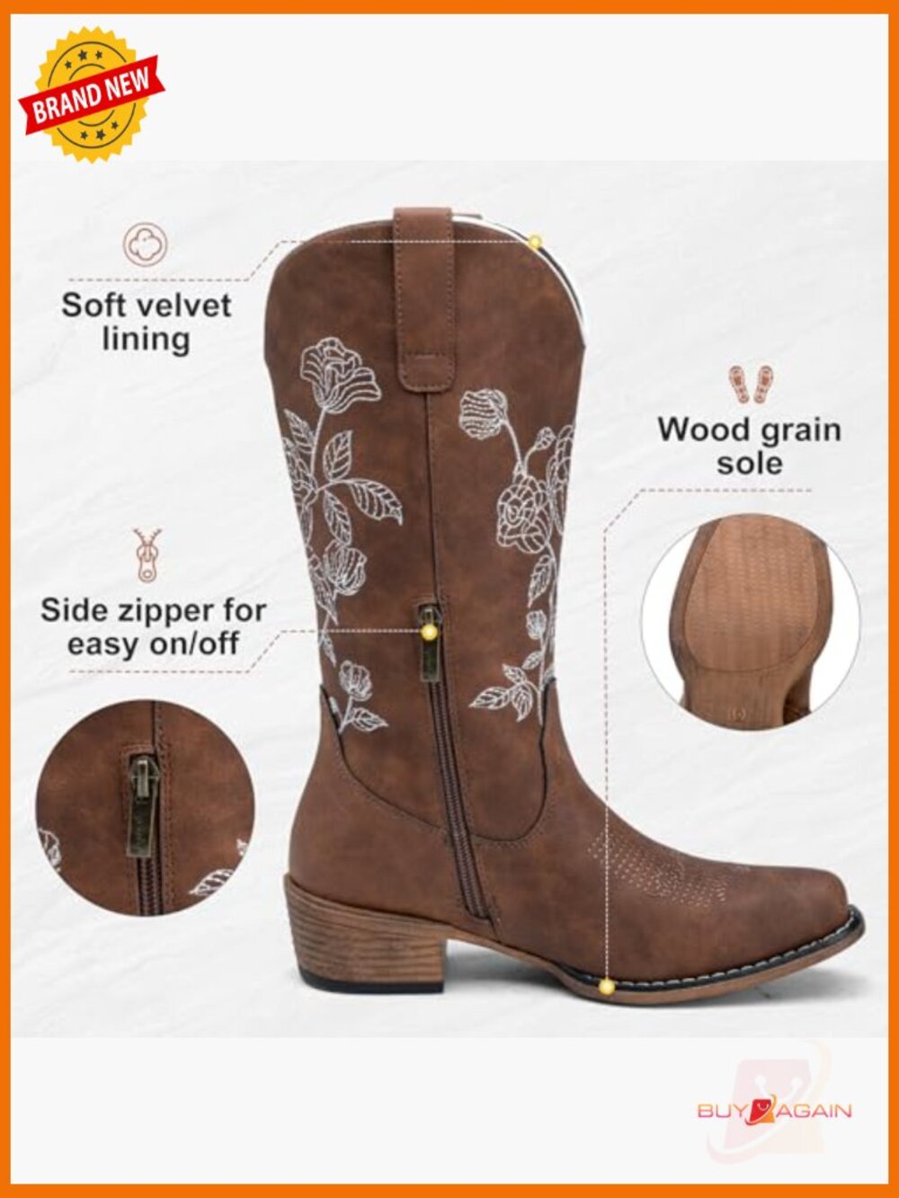 Western Cowboy Boots Mid Calf Embroidery Flower Low Heel Side Zipper Riding - Picture 5 of 7